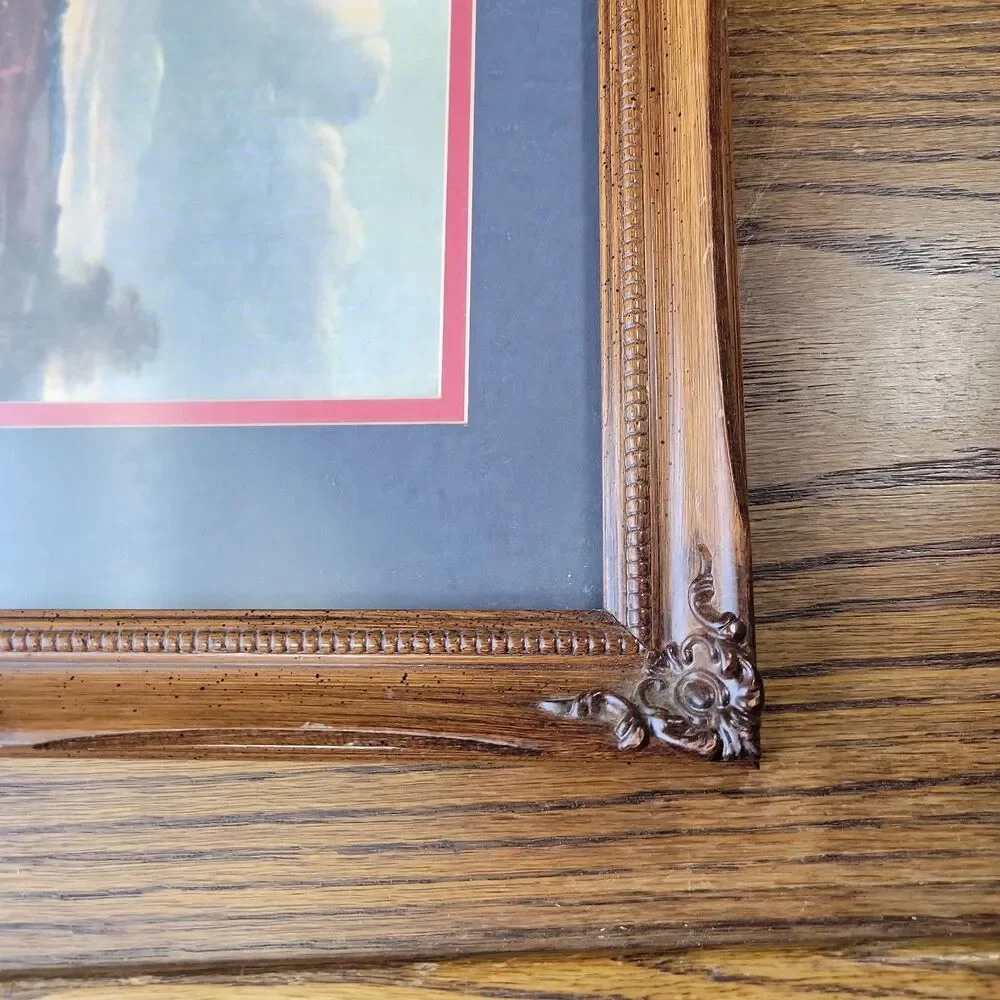 VTG Ornate 16x13 Picture Frame Brown Wood Texture 8X10 DBL Navy & Red Inset Mat